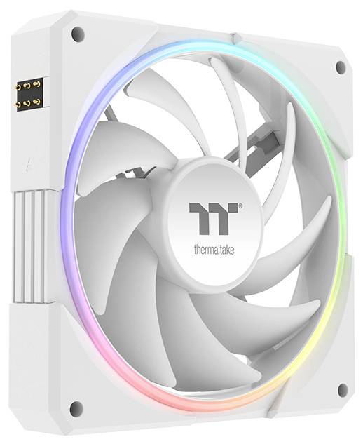 Weißer Thermaltake-Computerlüfter mit regenbogenfarbigem RGB-Lichtkranz an der Vorderseite eines quadratischen Gehäuses.