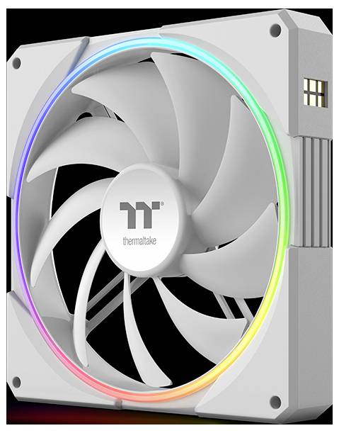 Weißer Thermaltake-Computer-Kühlventilator mit RGB-Lichtring und schwarzen Blättern, frontal in einem quadratischen Gehäuse gezeigt.