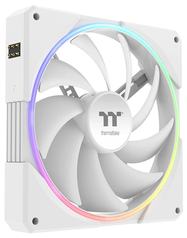 Weißer Thermaltake PC-Gehäuselüfter mit einem regenbogenfarbigen RGB-Lichtring um die Flügel und dem Thermaltake-Logo auf der Nabe.