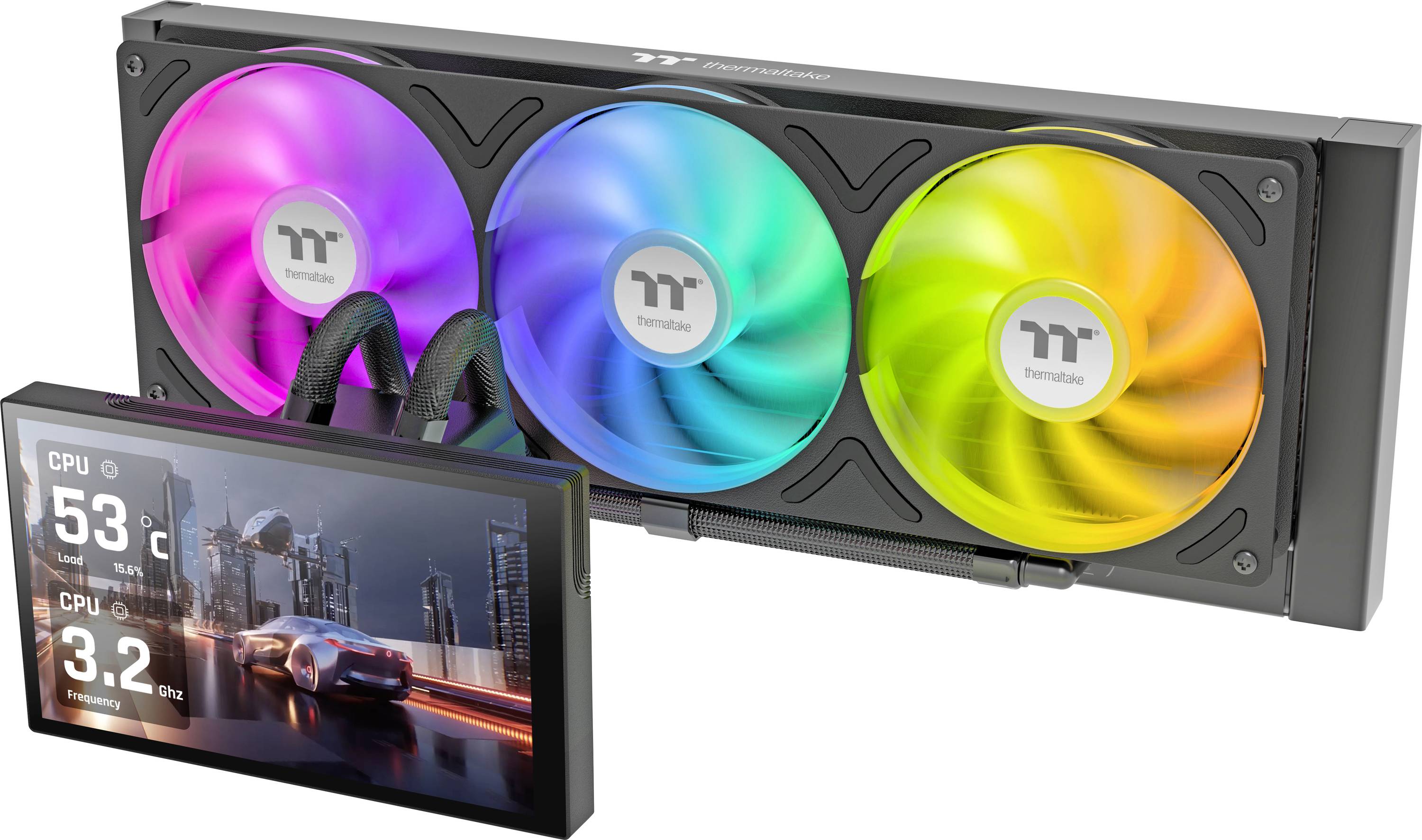 Drei RGB-Kühlventilatoren auf einem Flüssig-CPU-Kühler, mit einem kleinen Display, das die CPU-Temperatur 53°C und die Taktfrequenz 3,2 GHz über einer Rennszene anzeigt.