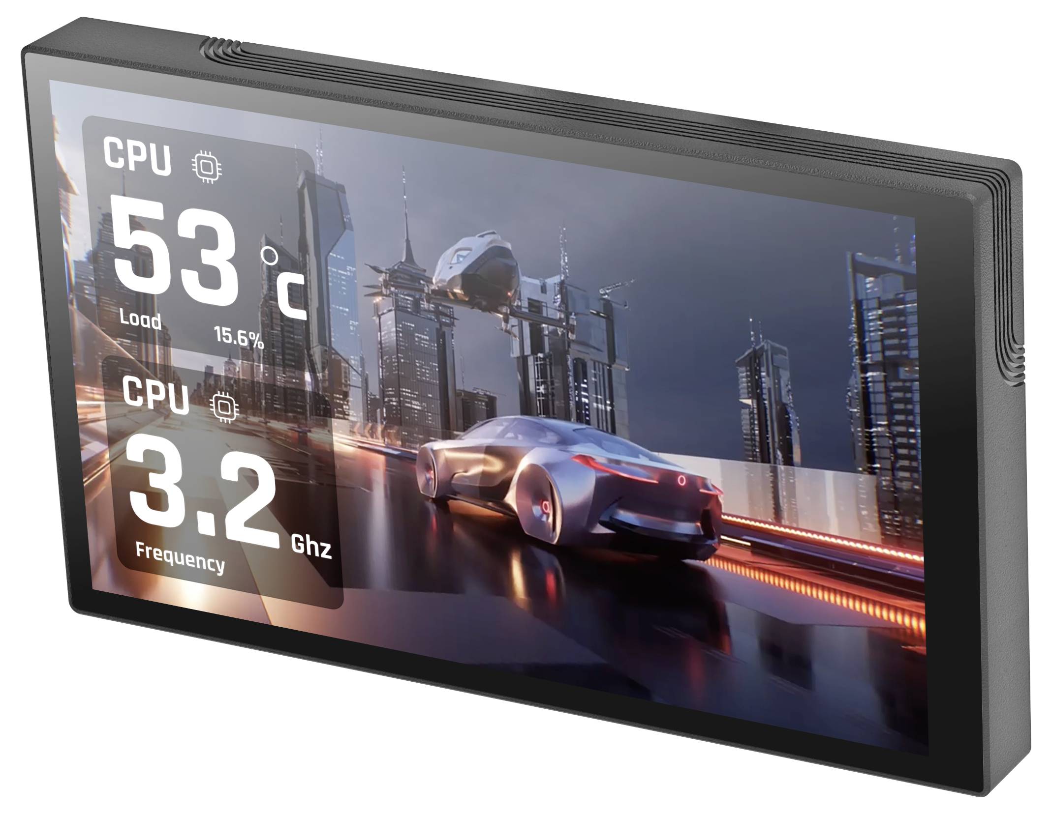 Breite Anzeige mit einer futuristischen Autorennszene und einer Überlagerung von Systemstatistiken: CPU 53°C, Last 15,6% und Frequenz 3,2 GHz.