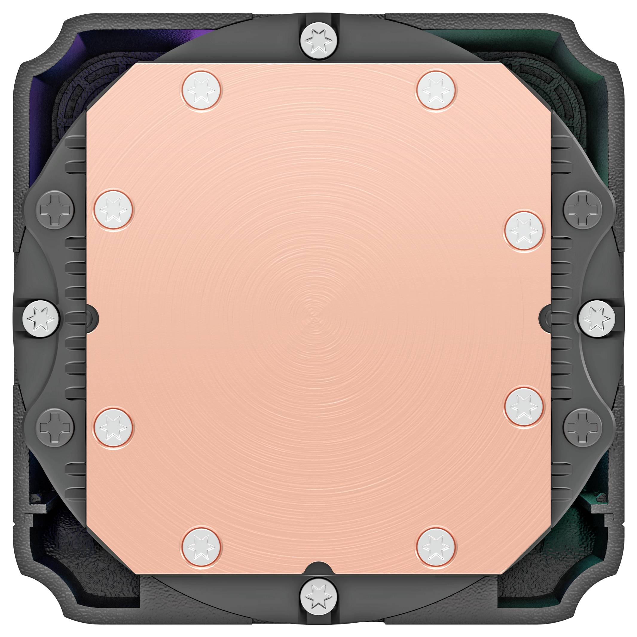 Kupferfarbene quadratische Metallplatte, die durch acht Schrauben in einem schwarzen mechanischen Gehäuse befestigt ist, Vorderansicht dargestellt.