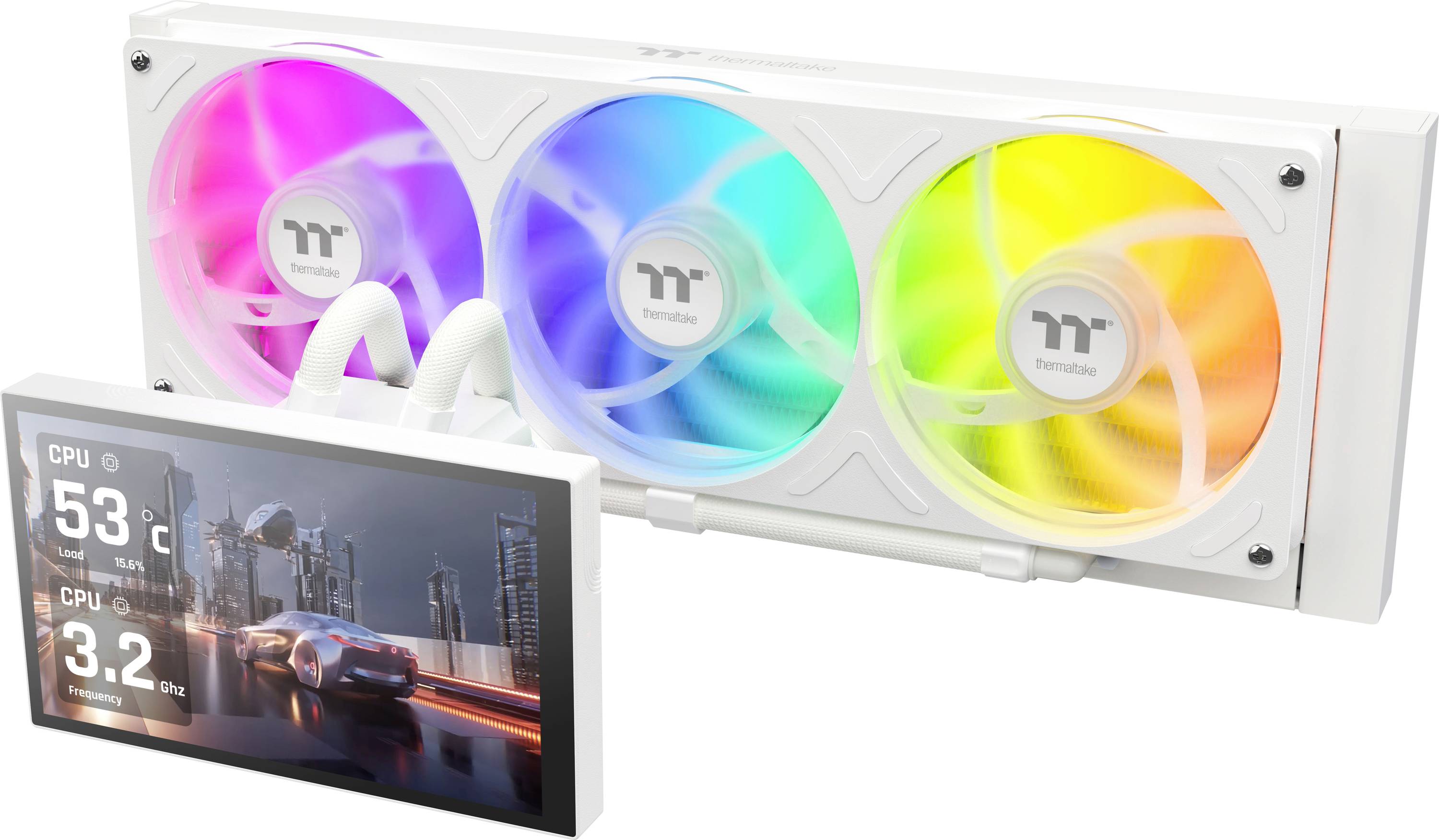 Gaming-PC-Flüssigkühler mit drei RGB-Lüftern und einem kleinen Display, das die CPU-Temperatur von 53 °C und die CPU-Geschwindigkeit von 3,2 GHz anzeigt.