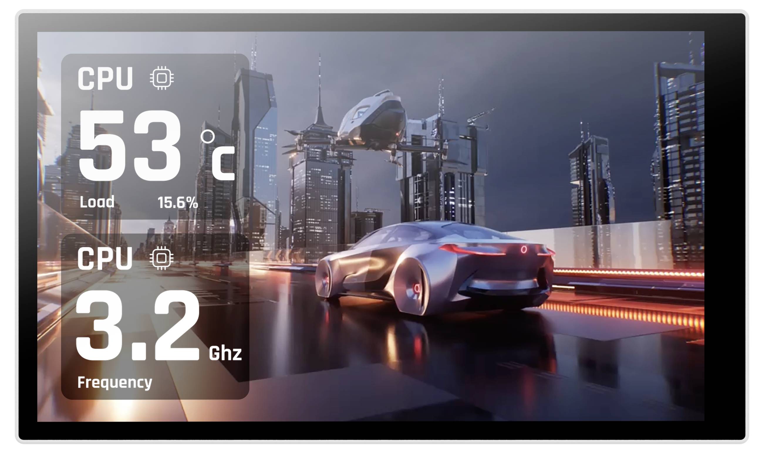 Futuristisches Auto-Dashboard-Display mit CPU-Temperatur von 53°C, Last bei 15,6% und Frequenz bei 3,2 GHz über einer Science-Fiction-Stadtszene.