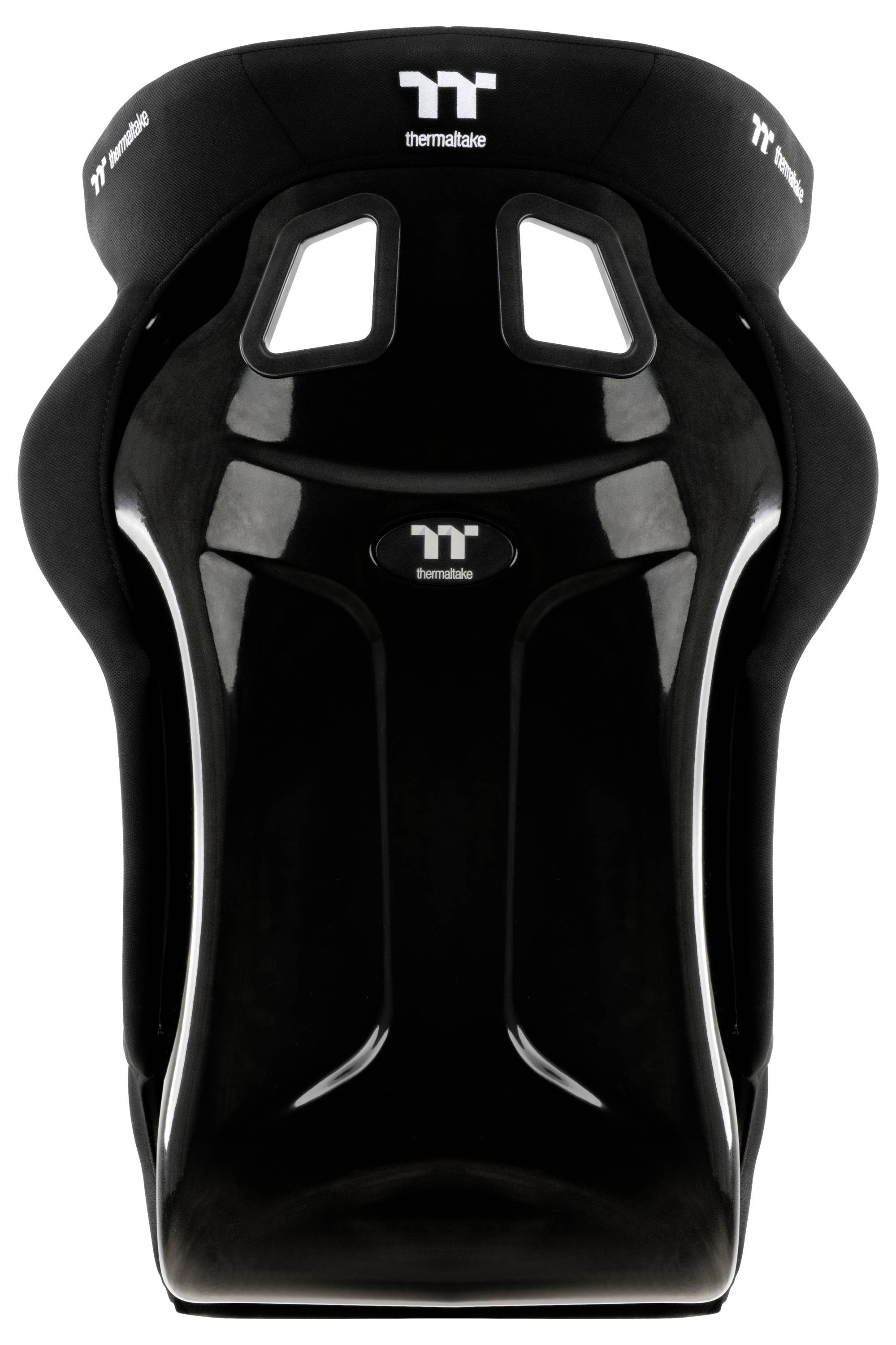 Schwarzer Thermaltake-Gaming-Stuhl mit hoher Rückenlehne, ausgeschnittener Kopfstütze und weißen Logo-Akzenten, frontal auf weißem Hintergrund dargestellt.