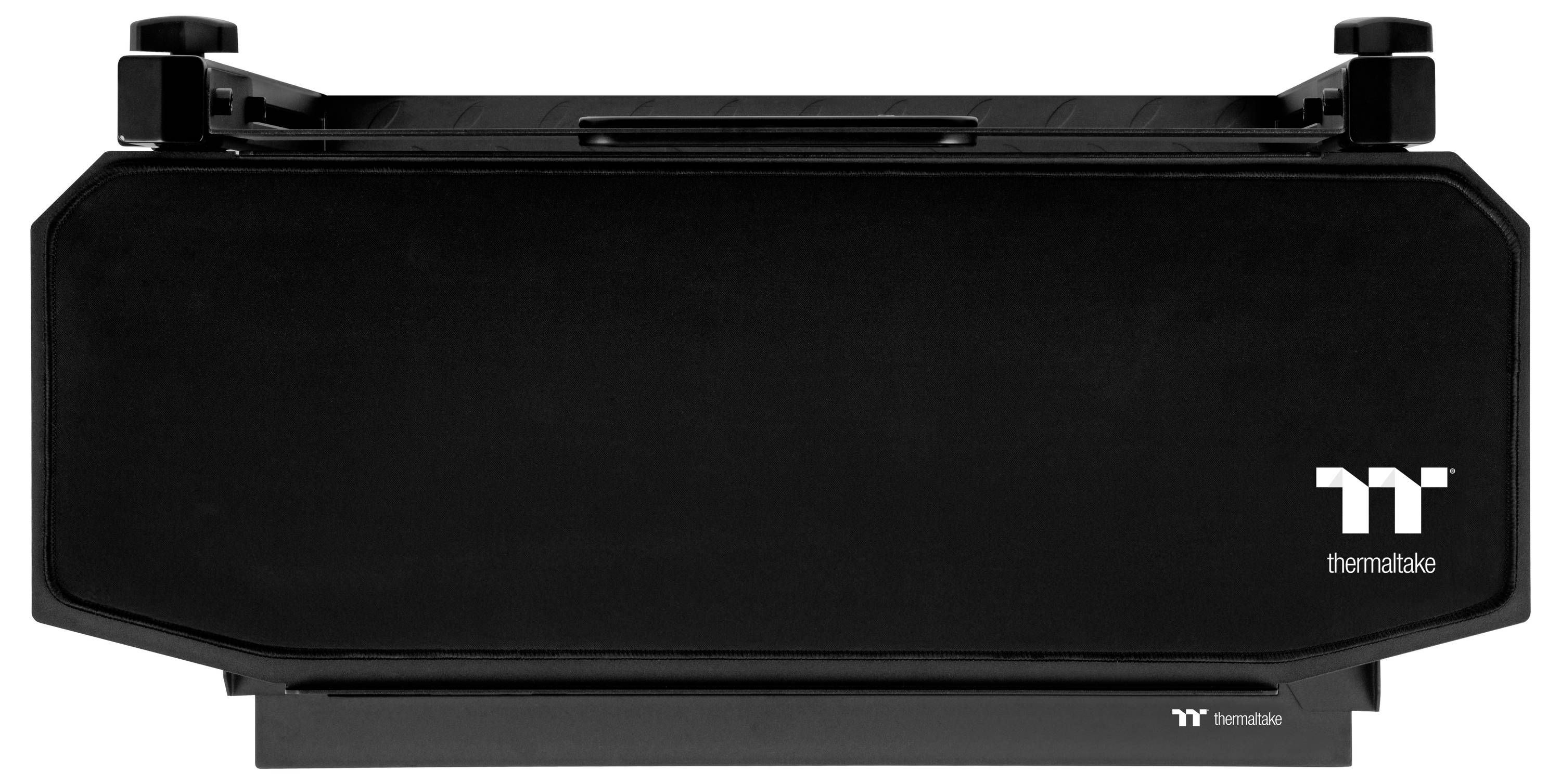 Schwarzer Thermaltake-Flüssigkühlradiatior mit zwei Lüfterbefestigungen und Logo auf der rechten Seite.