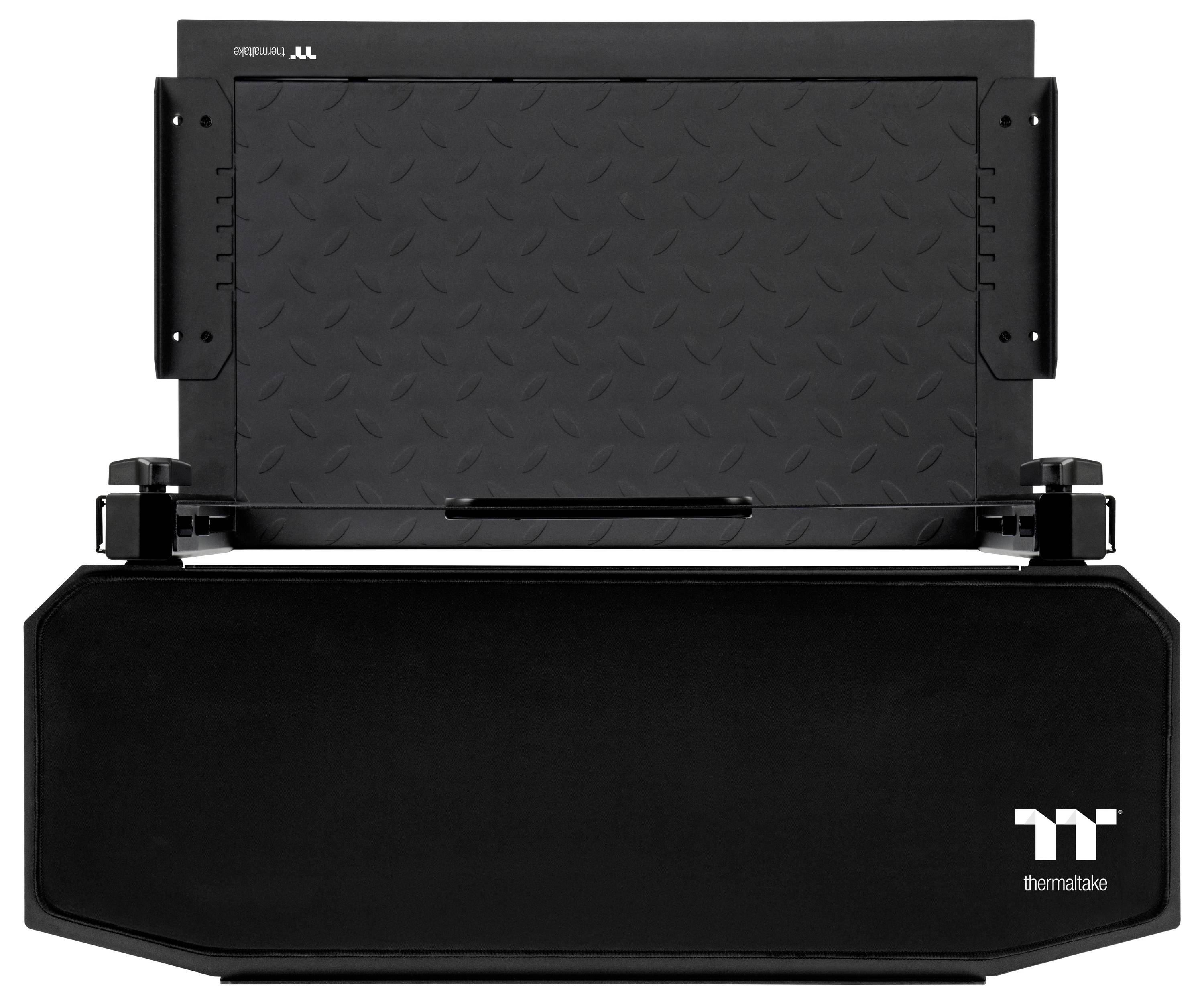 Schwarzes Thermaltake-Computergehäuse mit offener Seite, die ein gemustertes Innenpanel und ein vorderes Logo zeigt