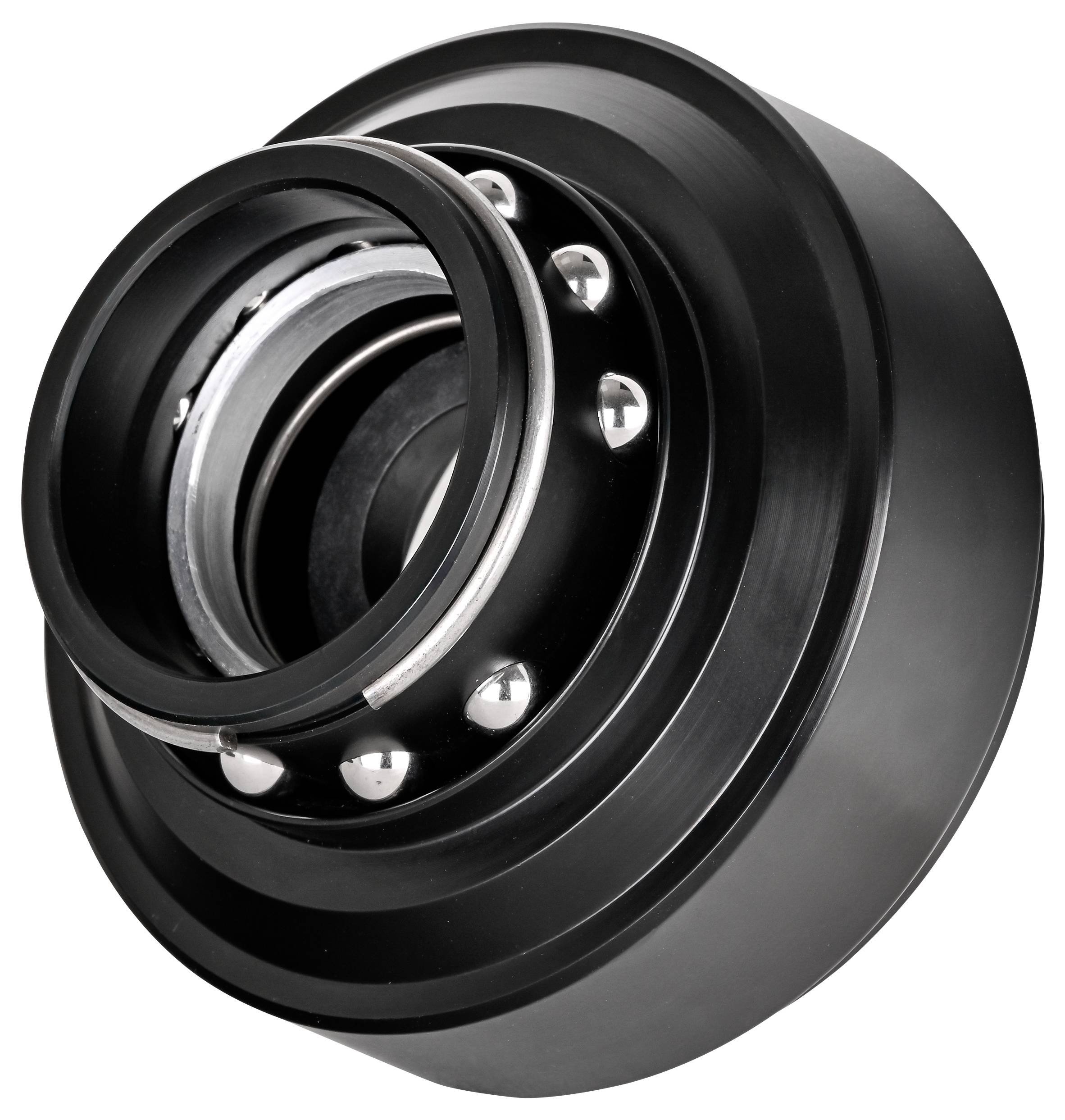 Schwarze mechanische Lagerbaugruppe mit Metallkugellagern und konzentrischen Ringen auf weißem Hintergrund.