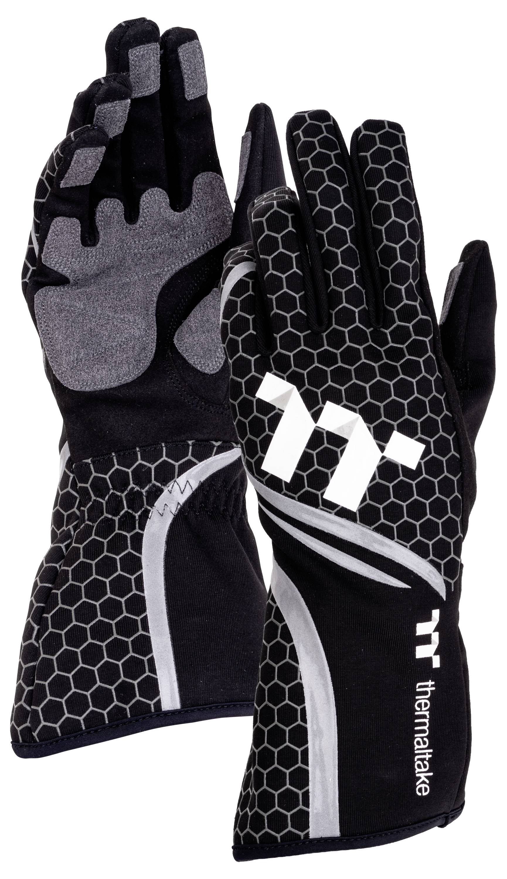 Paar schwarze Thermaltake-Handschuhe mit grauem Sechseckmuster und gepolsterten Griffhandflächen, von vorne und hinten auf weißem Hintergrund gezeigt.