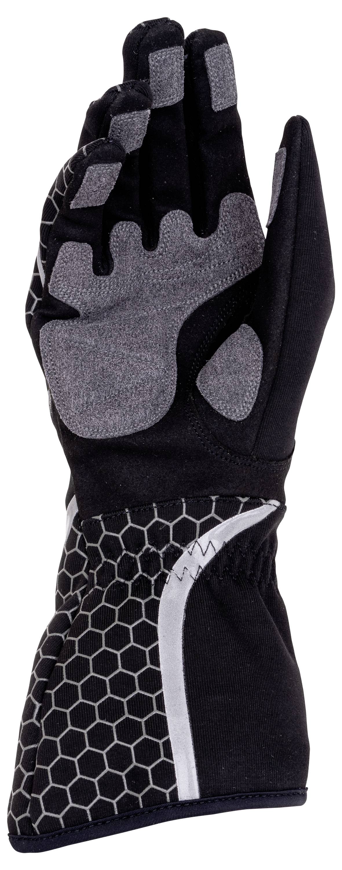 Schwarz-graue Schutzhandschuh mit gepolsterter Handfläche und verstärkten Fingern, dargestellt vor weißem Hintergrund.