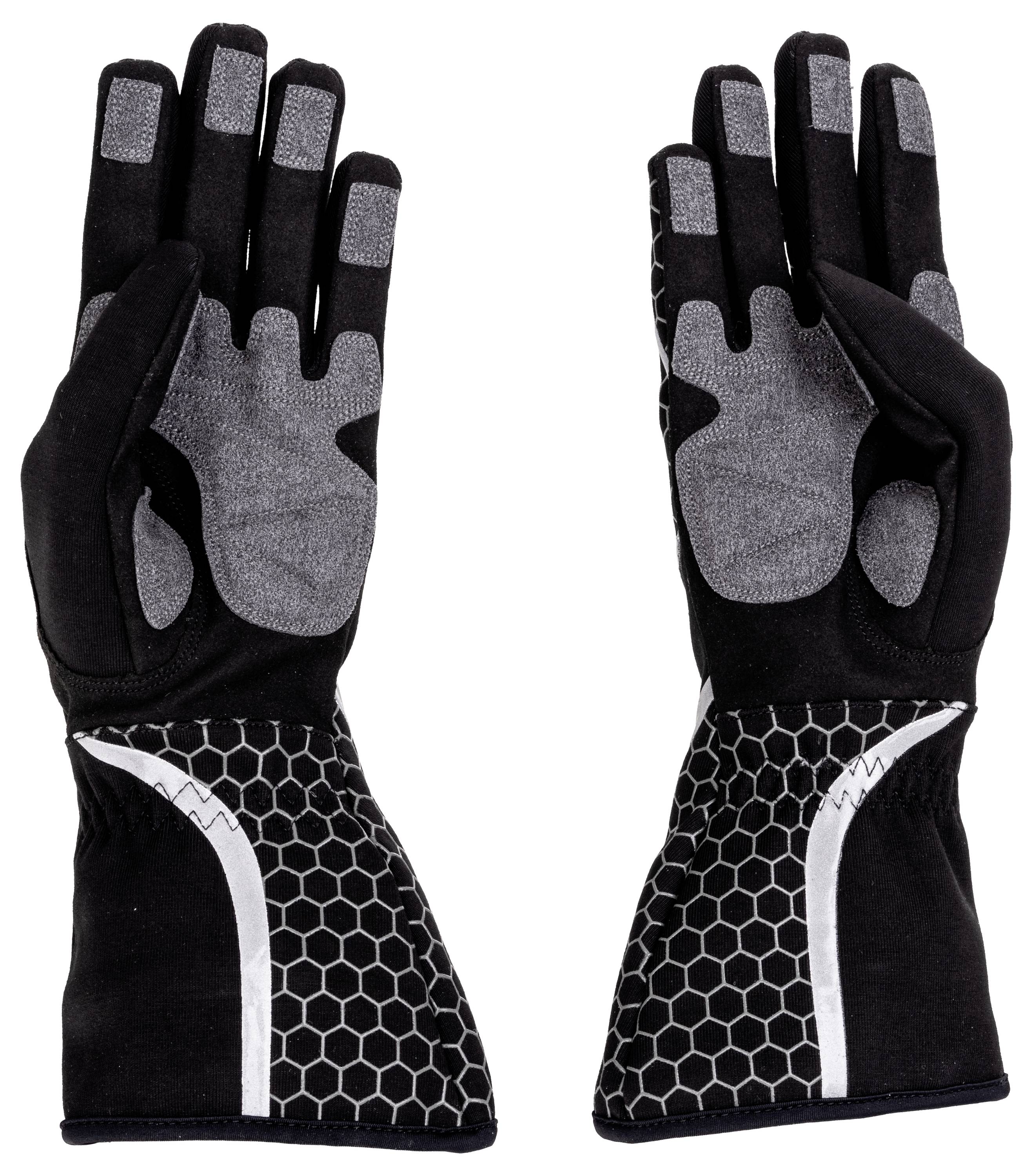 Paar schwarze und graue Schutzhandschuhe von vorne und hinten gezeigt, mit gepolsterten Handflächen und langen gemusterten Manschetten.