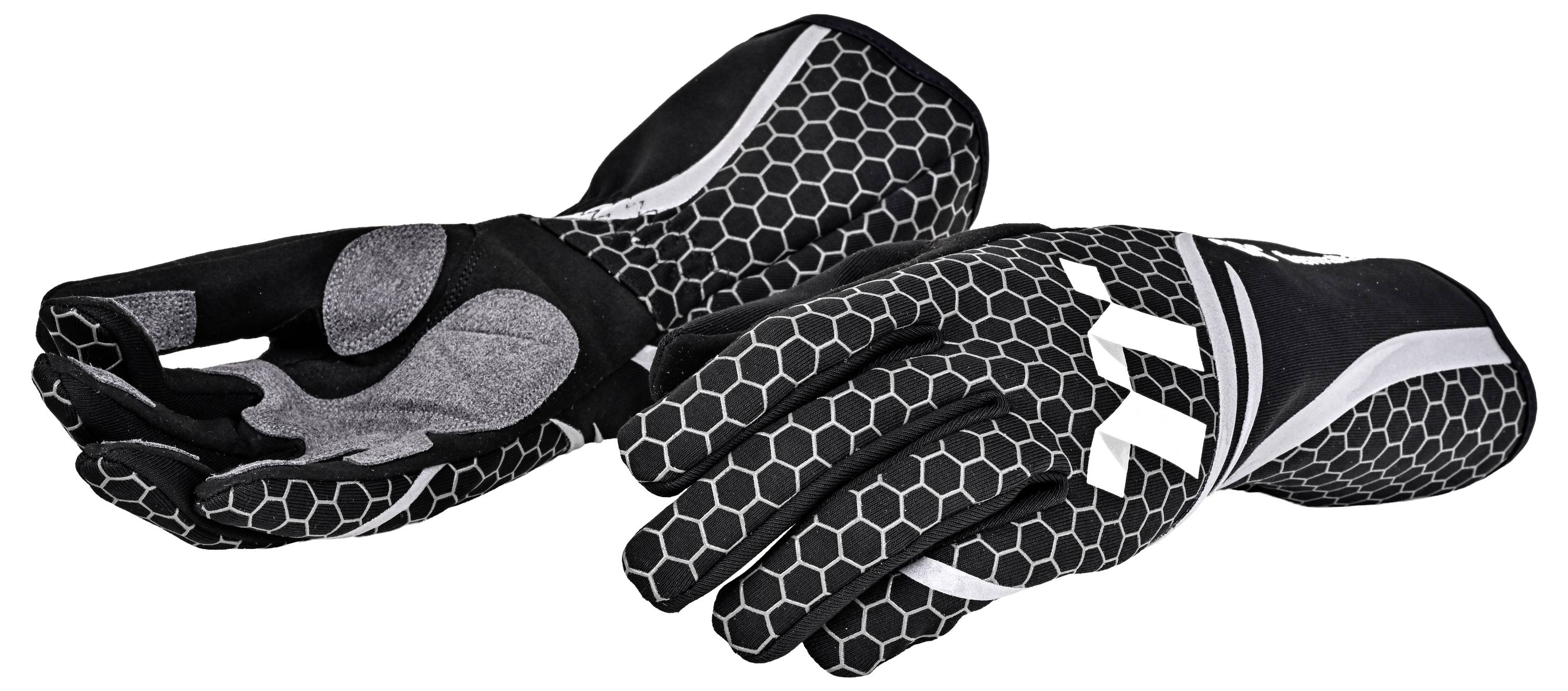Paar schwarze Sporthandschuhe mit Wabenmuster und weißen Akzenten, von vorne und hinten auf weißem Hintergrund gezeigt.