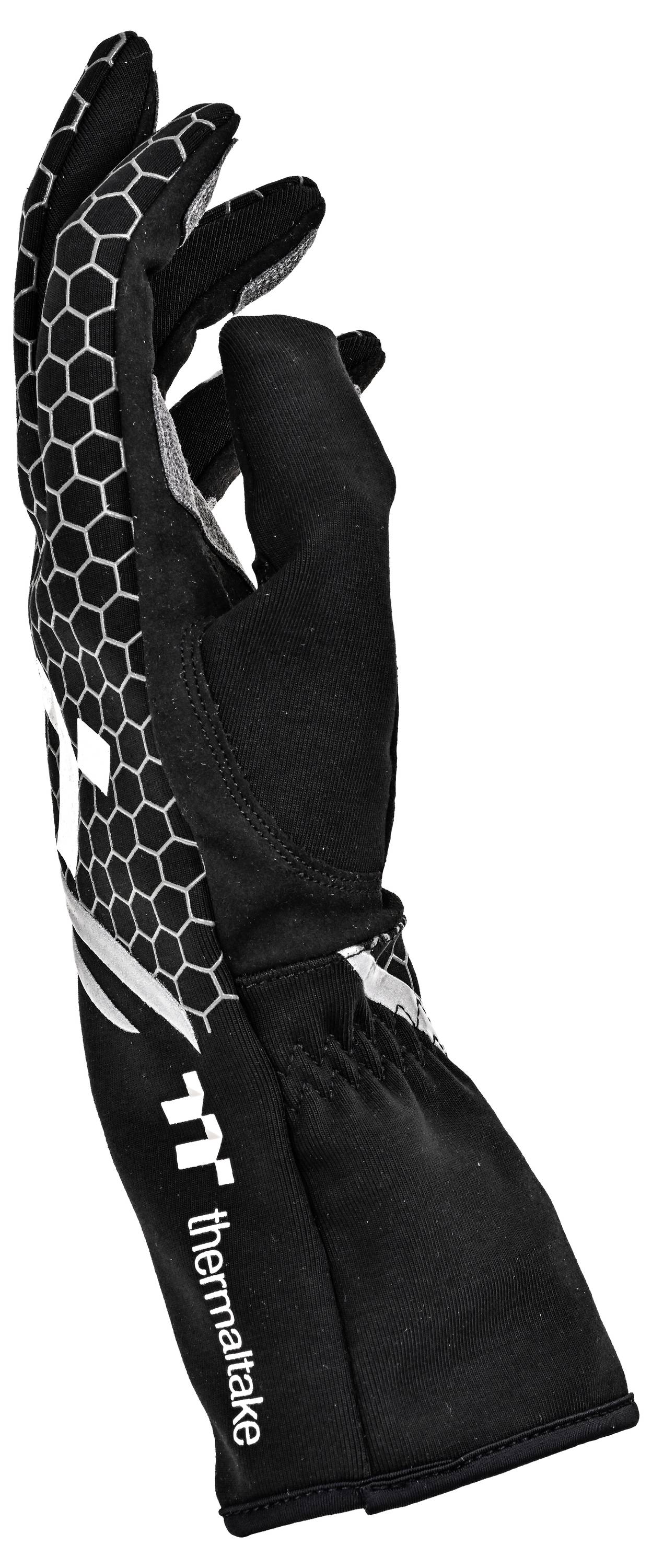 Schwarzer Thermaltake-Handschuh mit sechseckig gemustertem Rücken und weißem Logo, gezeigt in einer Seitenansicht auf weißem Hintergrund.