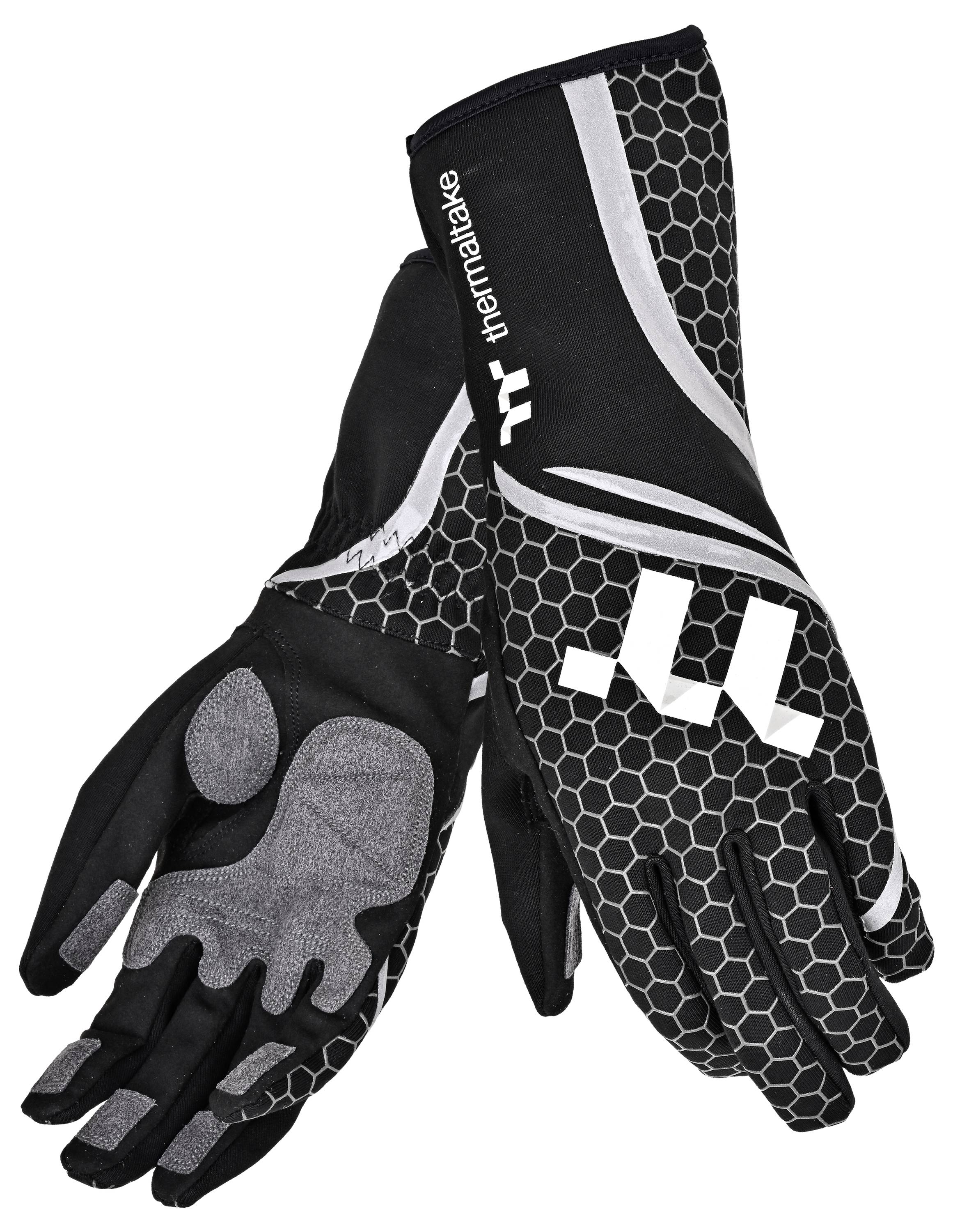 Paar schwarze und graue thermische Winterhandschuhe mit Sechseckmuster und 