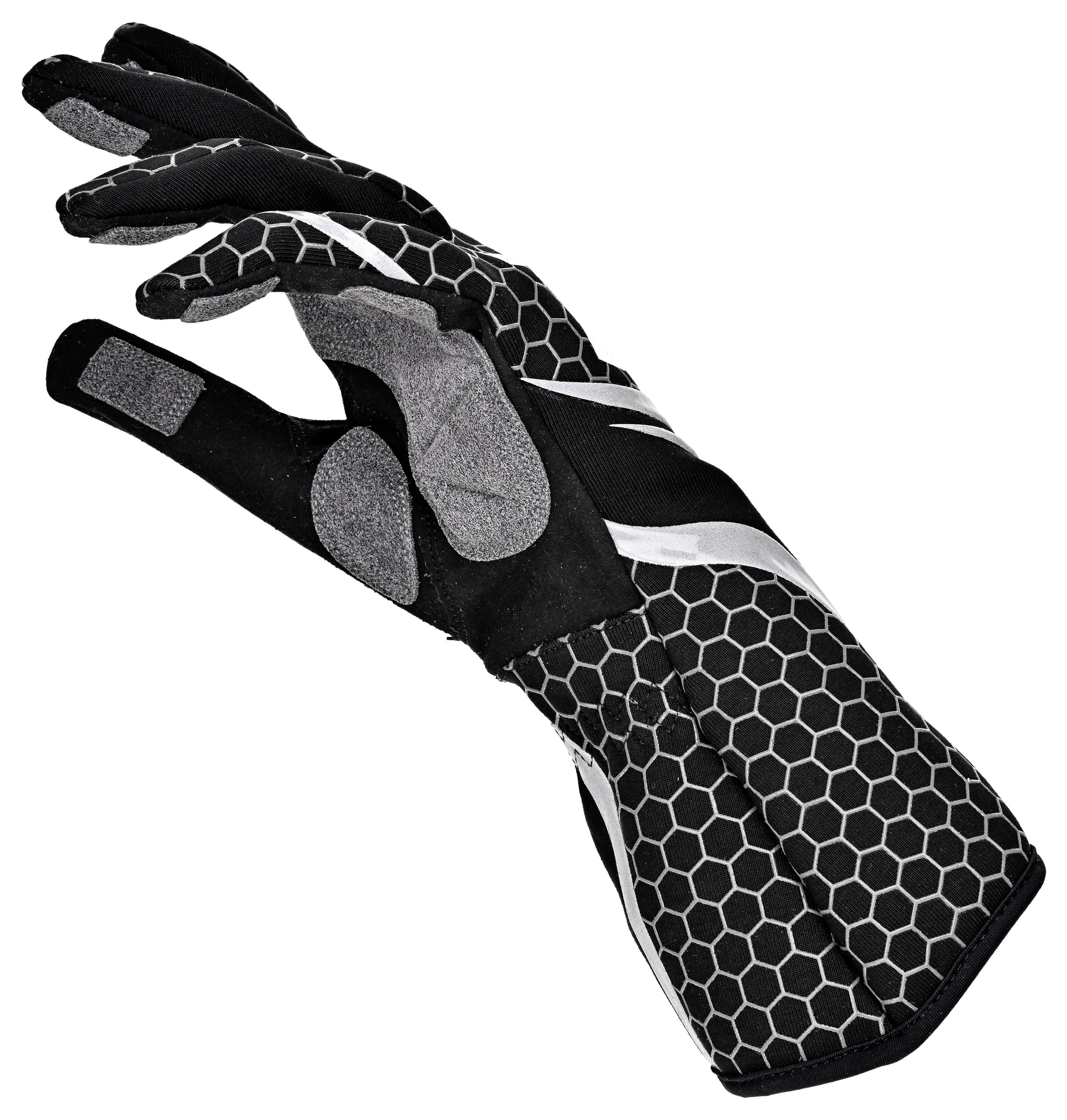 Schwarzer und grauer Handschuh mit vollständiger Fingerbedeckung, Sechseckmuster und gepolsterter Handfläche, gezeigt vor weißem Hintergrund.