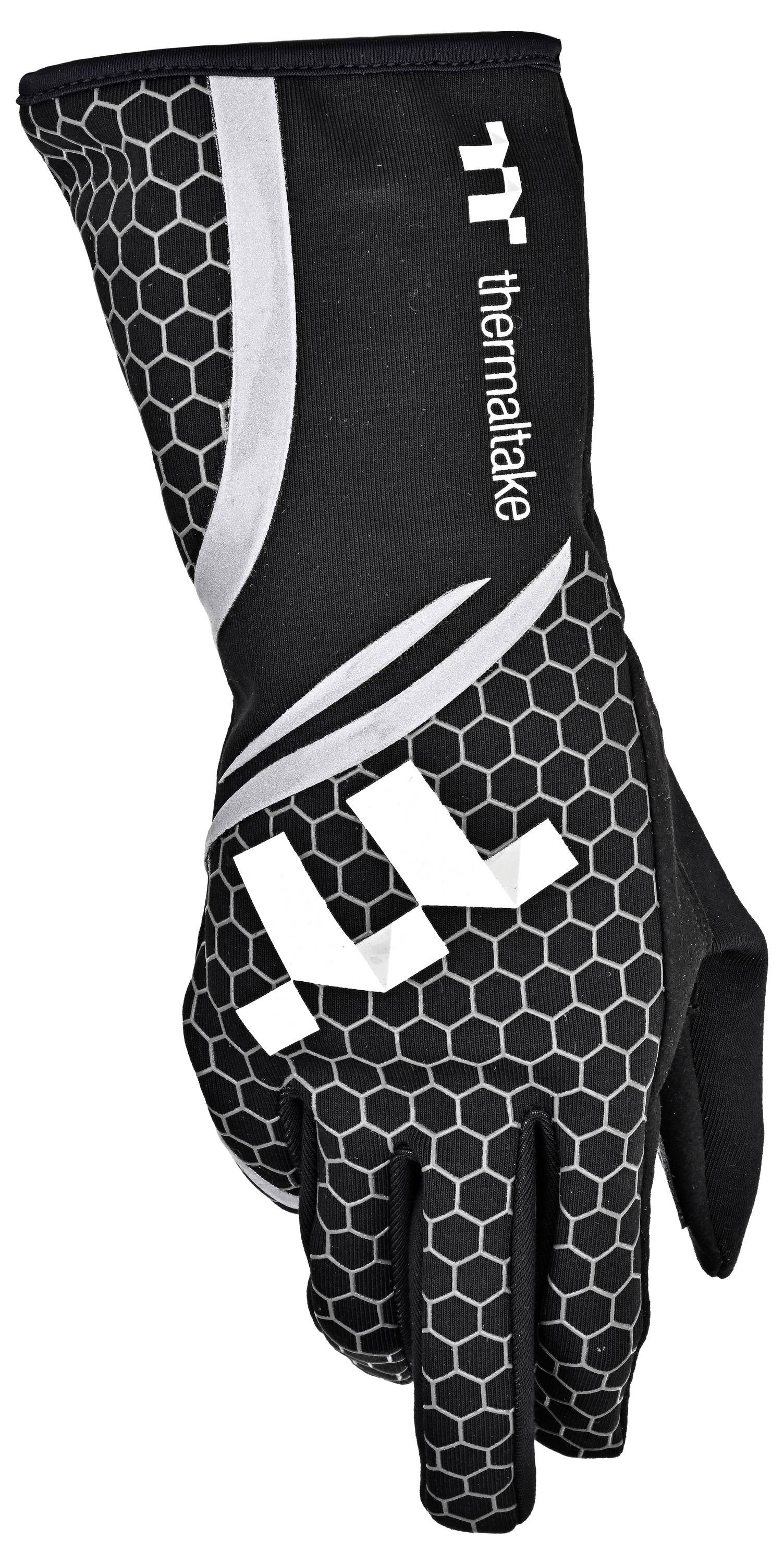Schwarzer Thermaltake-Handschuh mit Wabenmuster und weißem Logo, gezeigt auf weißem Hintergrund.