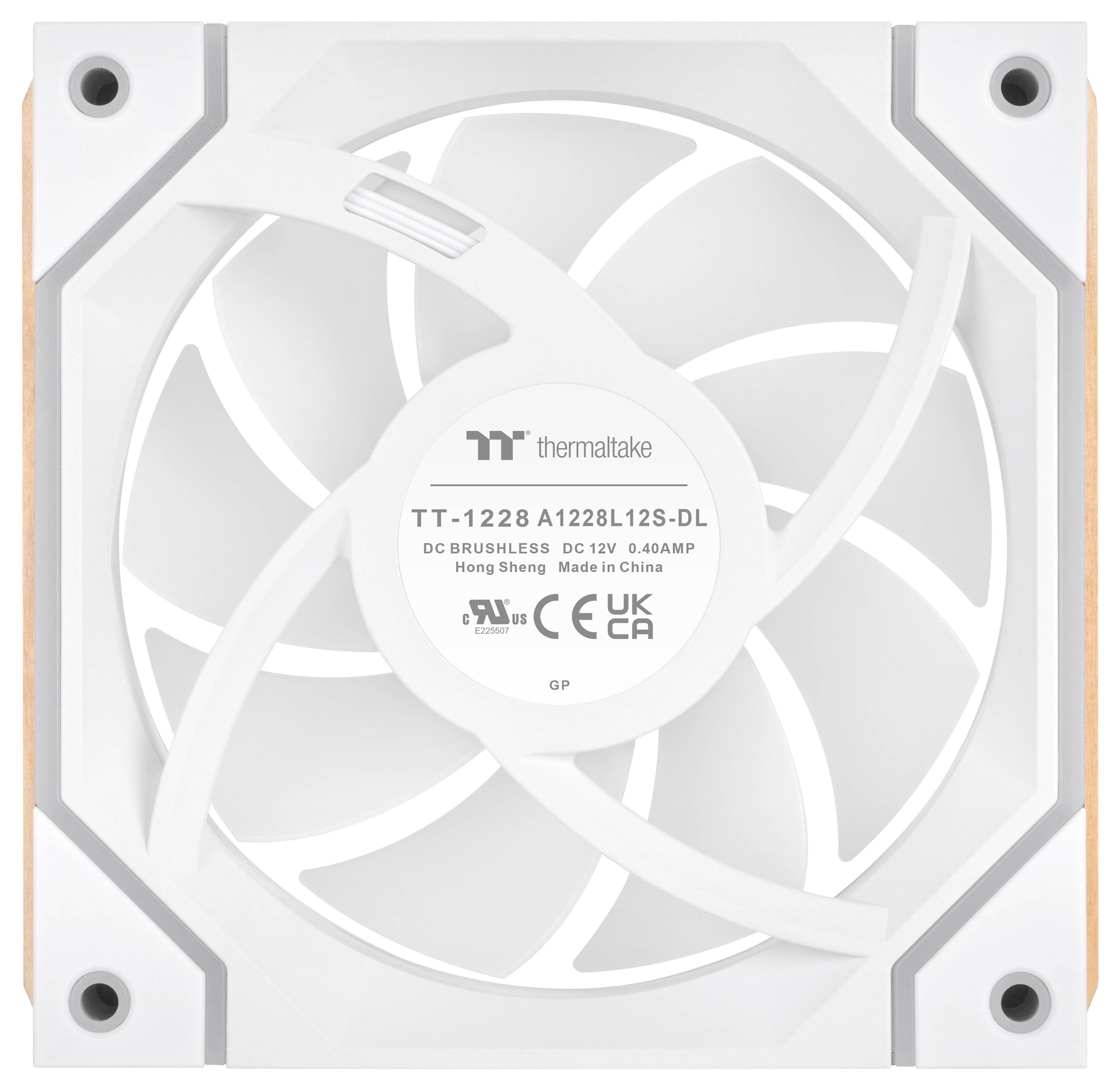 Weißer Thermaltake-Computergehäuselüfter mit acht gebogenen Blättern und Befestigungslöchern, frontal gezeigt mit Mittenetiketttext.
