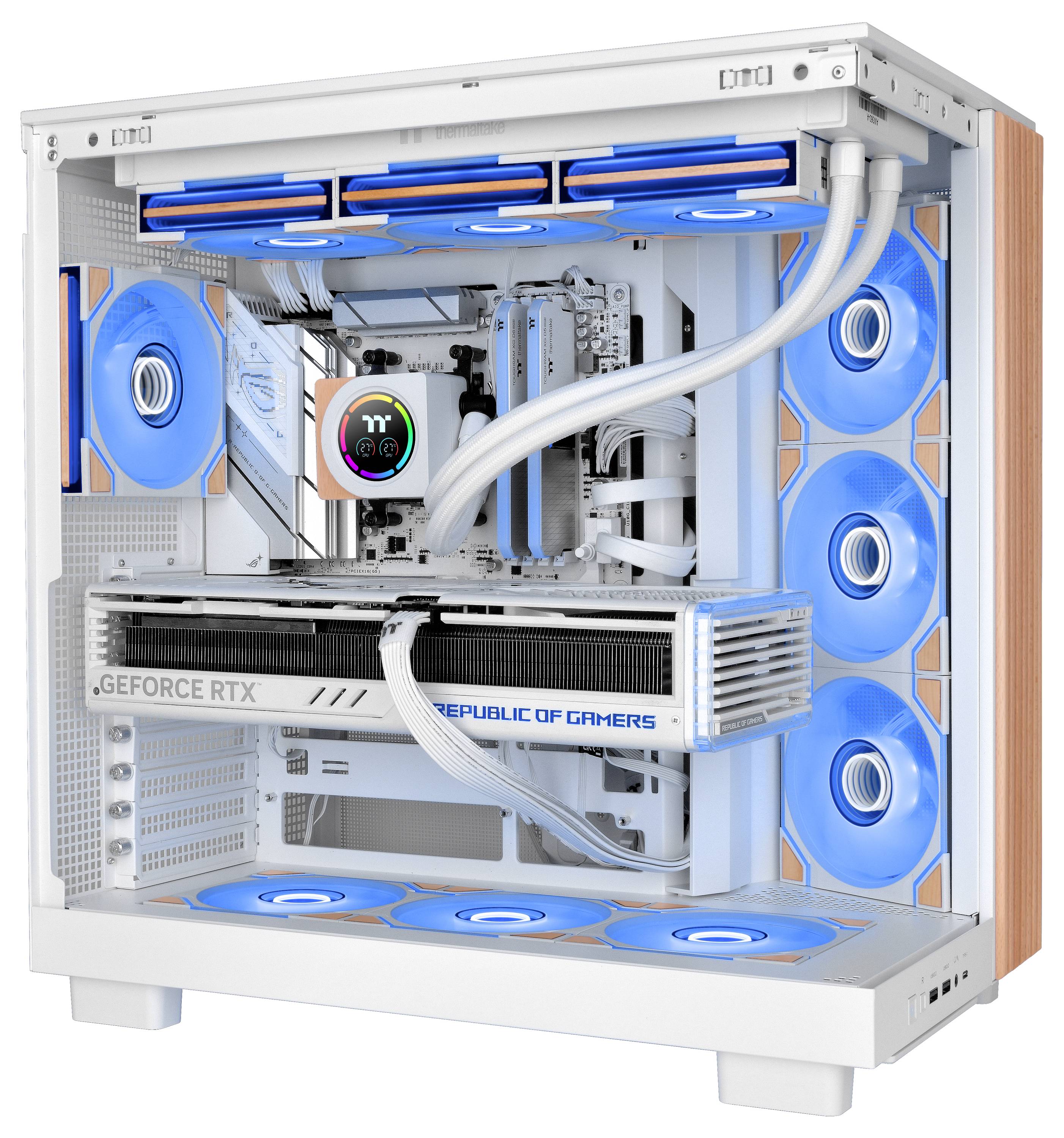Illustration eines farbenfrohen Computer-Gehäuselüfters mit blauen Pfeilen, die Luftstrom und Kühlung aus dem Gehäuse zeigen.