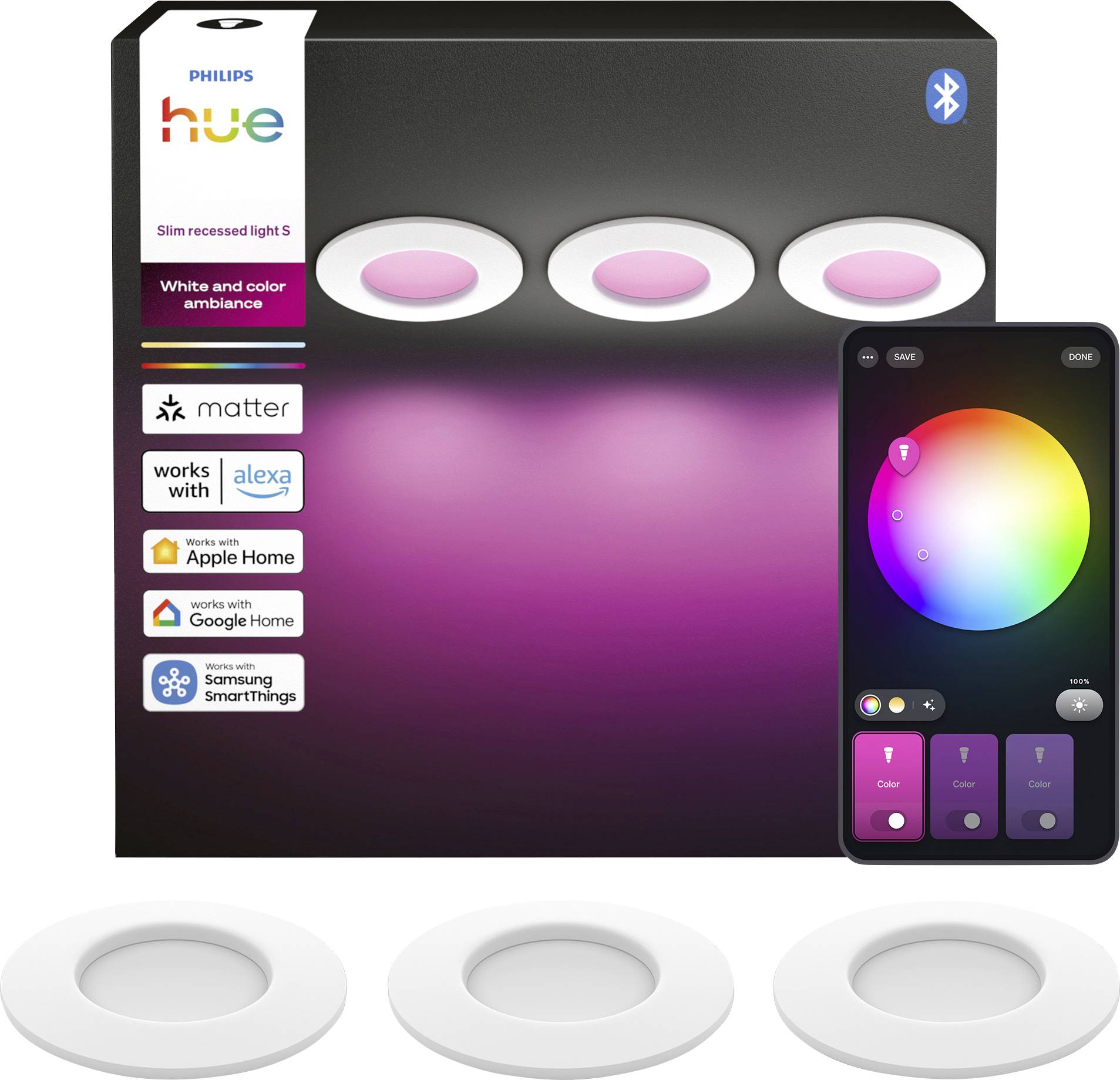 Philips Hue schlanke Einbauleuchten Set mit drei weißen und farbigen Ambiance-Spots, Bluetooth, Matter und App-Farbsteuerungsanzeige.