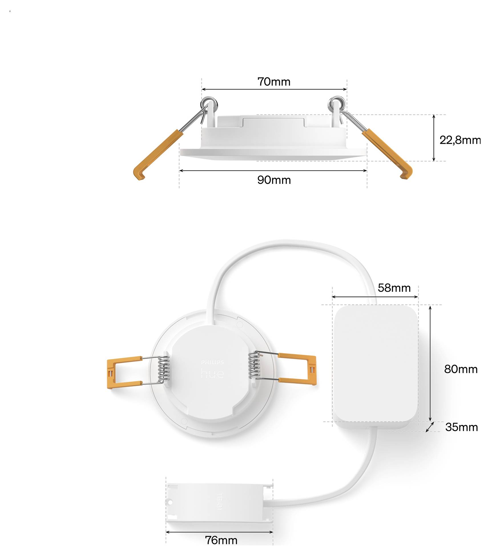Diagramm, das die Abmessungen einer runden, eingelassenen LED-Leuchte mit Treiber zeigt: Leuchte 90 mm breit und 22,8 mm hoch, Ausschnitt-/Teilegrößen 70 mm, 58 mm, 80 mm, 35 mm und 76 mm.