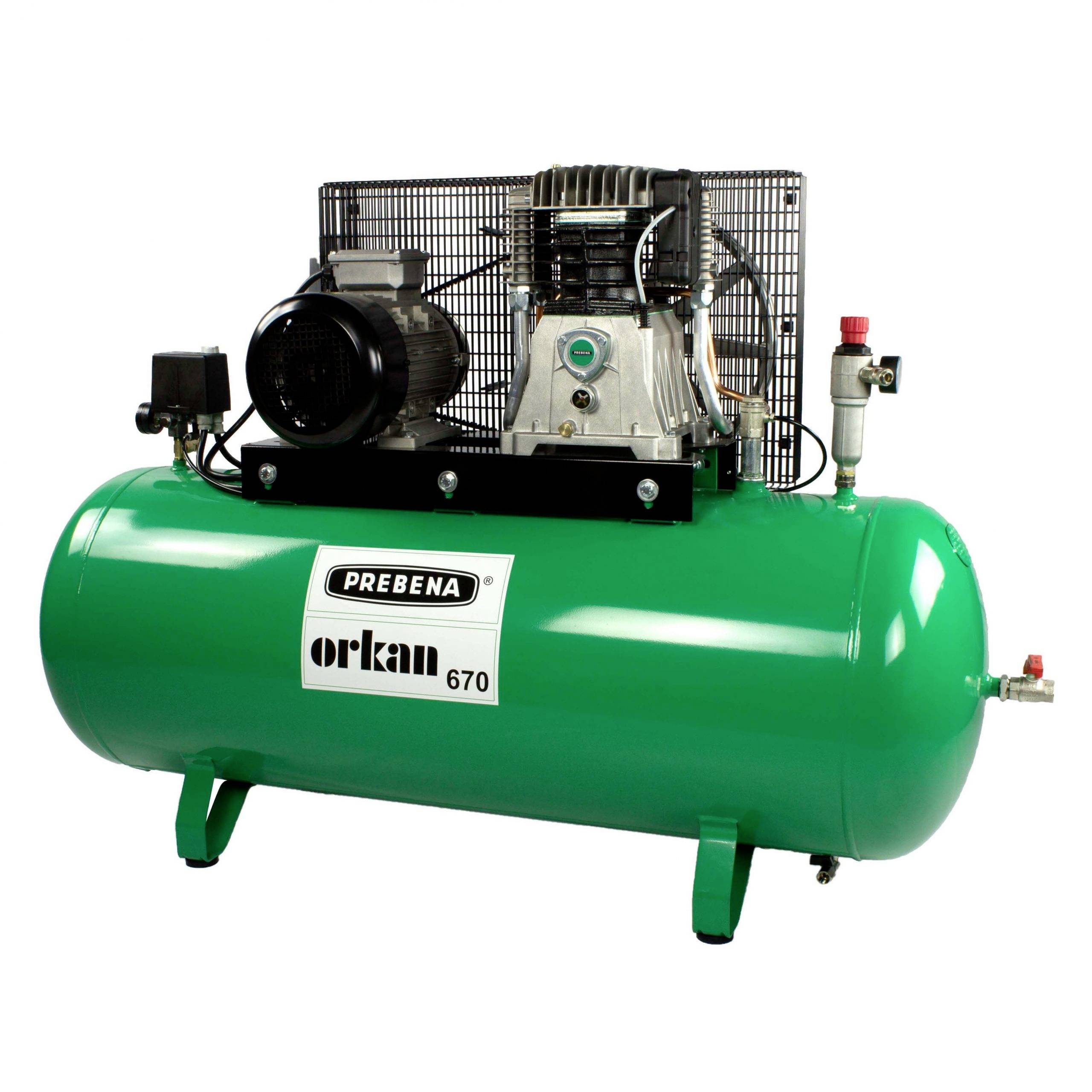 Grüner PREBENA Orkan 670 Luftkompressor mit großem Tank, Motor und Druckregler oben.