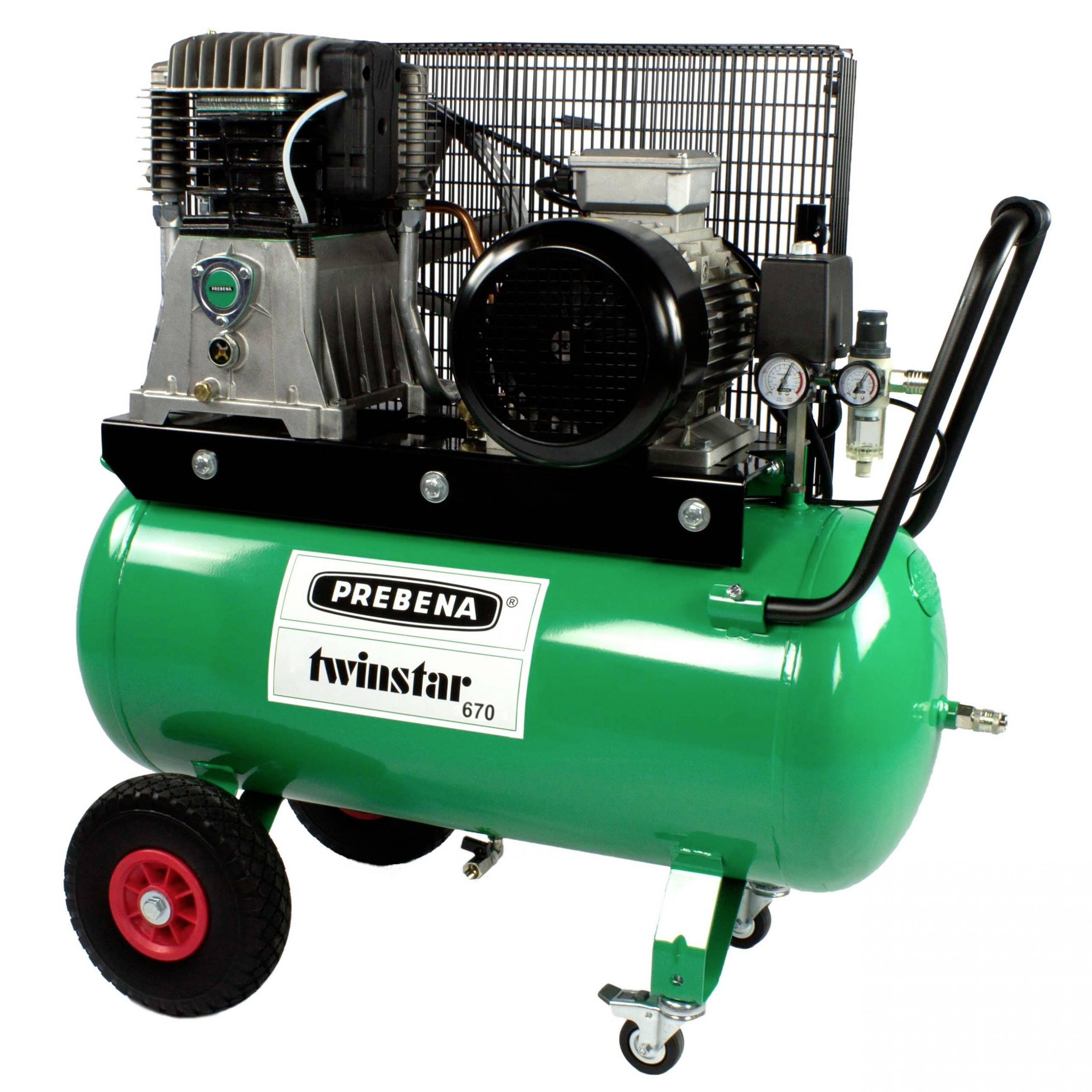 Grüner Prebena Twinstar 670 Luftkompressor auf Rädern mit zwei Motoren, Manometern und schwarzem Griff auf weißem Hintergrund