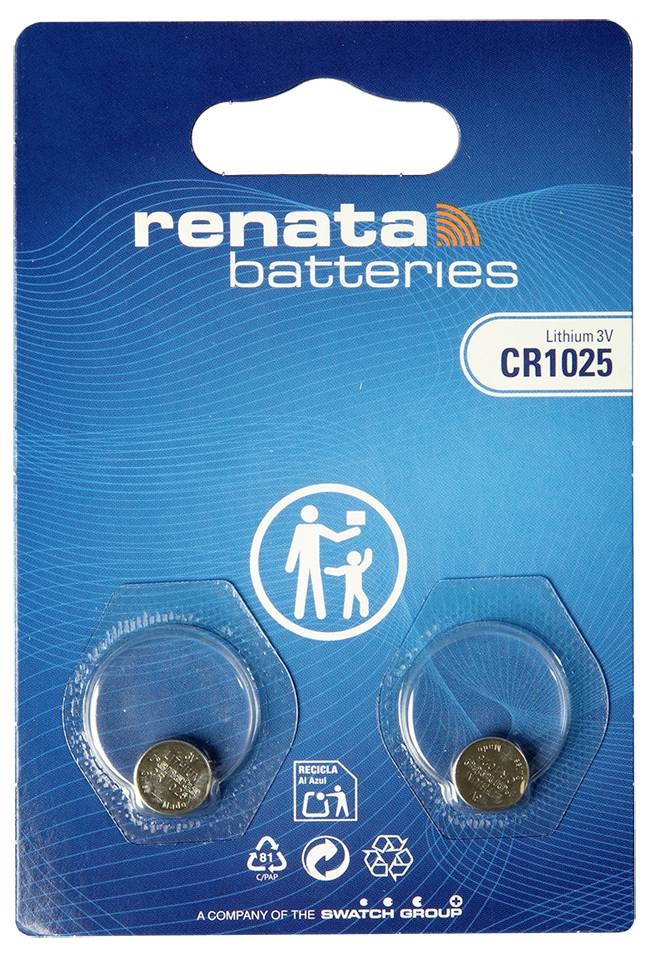 Renata Batterien Blisterpackung für eine Lithium-3V-CR1025-Knopfzelle, mit zwei sichtbaren Batterien in durchsichtigen Kunststoffhaltern.
