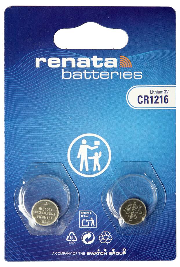 Renata Batterien Blisterpackung mit zwei Lithium 3V CR1216 Knopfzellen auf blauer Verpackung.