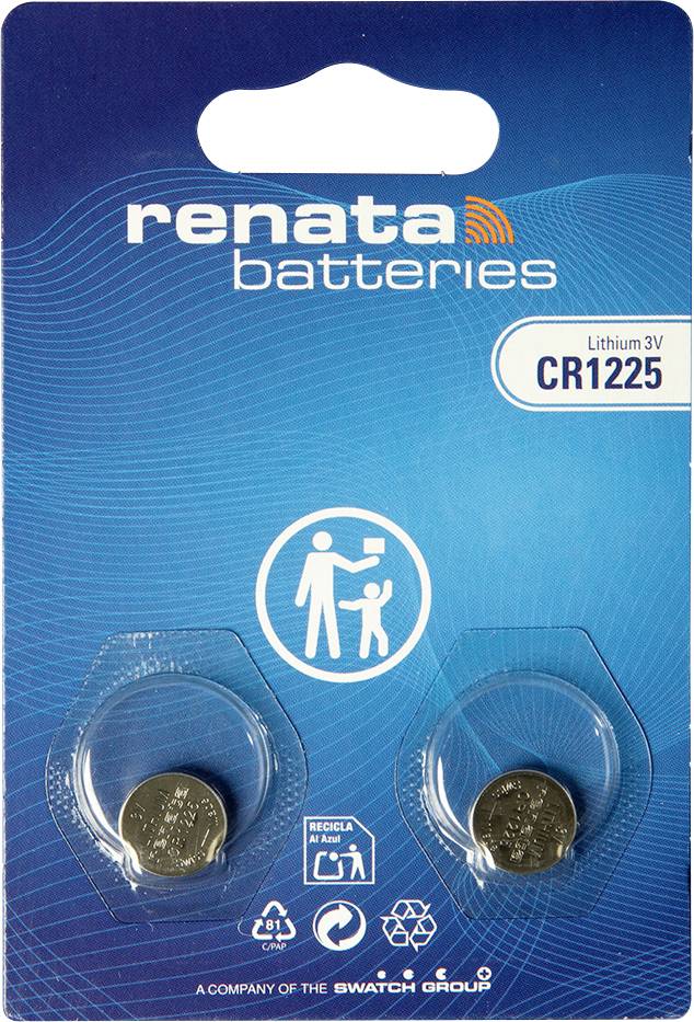 Packung mit zwei Renata Lithium 3V CR1225 Knopfzellen in blauer Blisterverpackung mit dem Renata Batteries Logo.