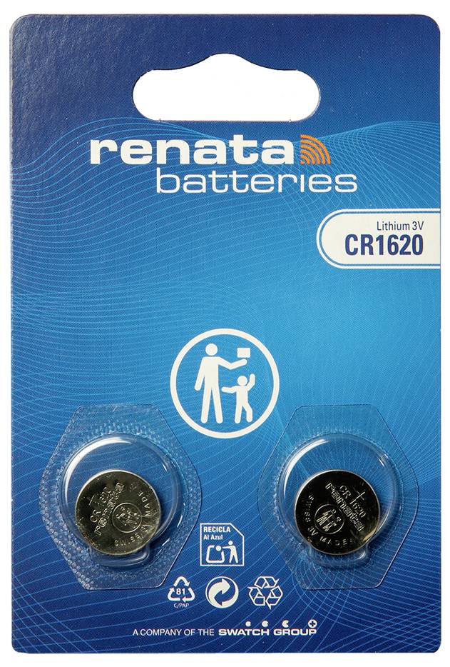 Renata Batterien Verpackung für zwei Lithium 3V CR1620 Knopfzellen, dargestellt in blauer Blisterpackung.