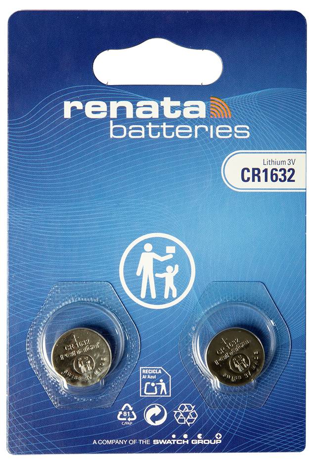 Paket Renata-Batterien, Lithium 3V CR1632, gezeigt mit zwei Knopfzellen in Blisterverpackung.