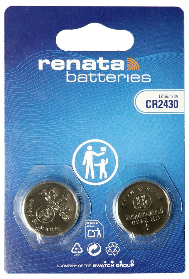 Verpackte Renata-Batterien mit zwei CR2430-Lithium-3V-Knopfzellenbatterien, gezeigt in durchsichtigen Blisterpackungen auf einer blauen Einzelhandelskarte.