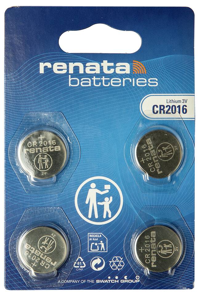 Renata Batterien Blisterpackung mit vier CR2016 3V Lithium-Knopfzellen, Produktetikett und Recycling-Symbole auf blauer Verpackung.