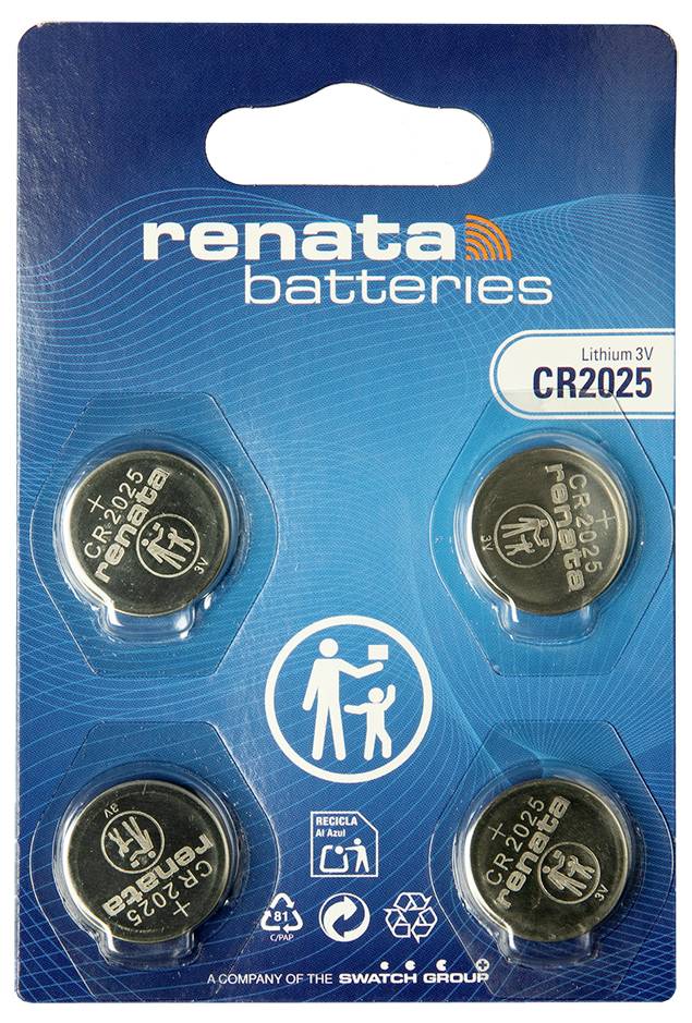 Renata Batteries Blisterpackung mit vier CR2025 Lithium 3V Knopfzellen und Kindersicherheitswarnsymbol.