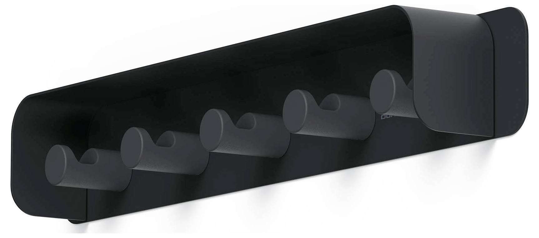 Schwarze wandmontierte Garderobe mit sechs zylindrischen Haken, perspektivisch vor weißem Hintergrund dargestellt.