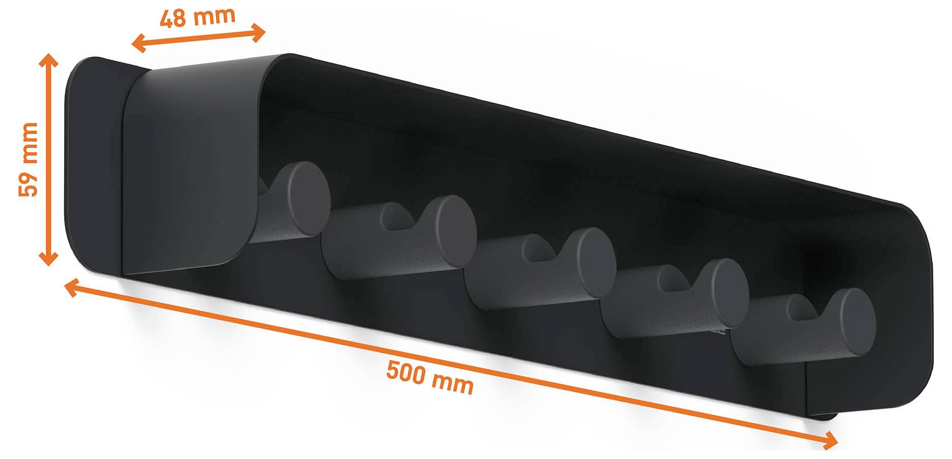 3D-CAD-Render eines schwarz angebrachten Wandracks oder einer Wandhalterung, dargestellt mit orangefarbenen Pfeilen zur Dimensionierung, die eine Höhe von 59 mm, eine Breite von 48 mm und eine Länge von 500 mm kennzeichnen.