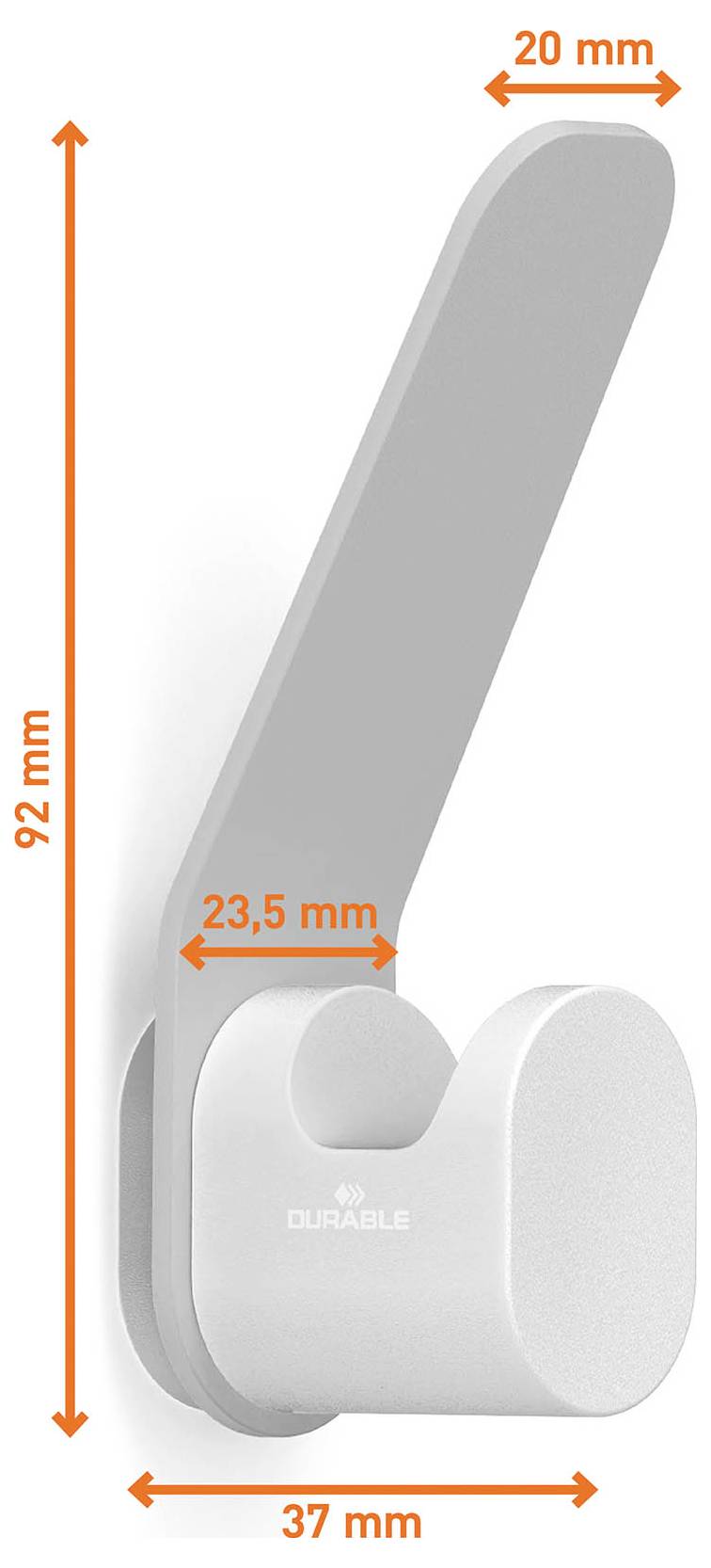 Grauer wandmontierter Haken mit zwei abgerundeten Armen; Abmessungen gekennzeichnet 92 mm Höhe, 37 mm Breite, 20 mm Tiefe und 23,5 mm an der Basis.