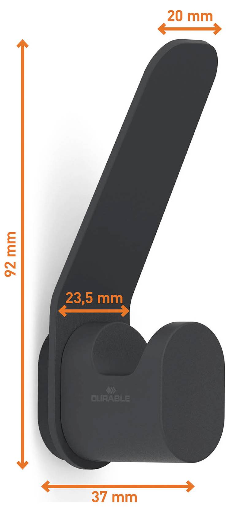 Schwarzer wandmontierter Haken oder Aufhänger mit langem gewinkltem Arm und rundem Knauf, gezeigt mit den Abmessungen 92 mm Höhe, 37 mm Breite, 20 mm obere Breite und 23,5 mm Basisbreite.