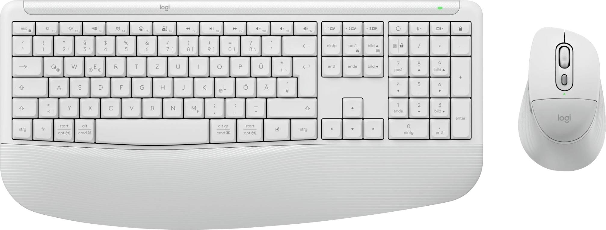 Weiße kabellose Logitech-Tastatur mit integrierter Handgelenkstütze und passende Maus nebeneinander auf weißem Hintergrund dargestellt.
