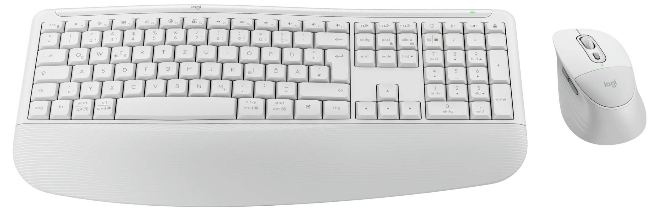 Weiße kabellose Tastatur mit integrierter Handballenauflage und passende Maus auf neutralem Hintergrund.