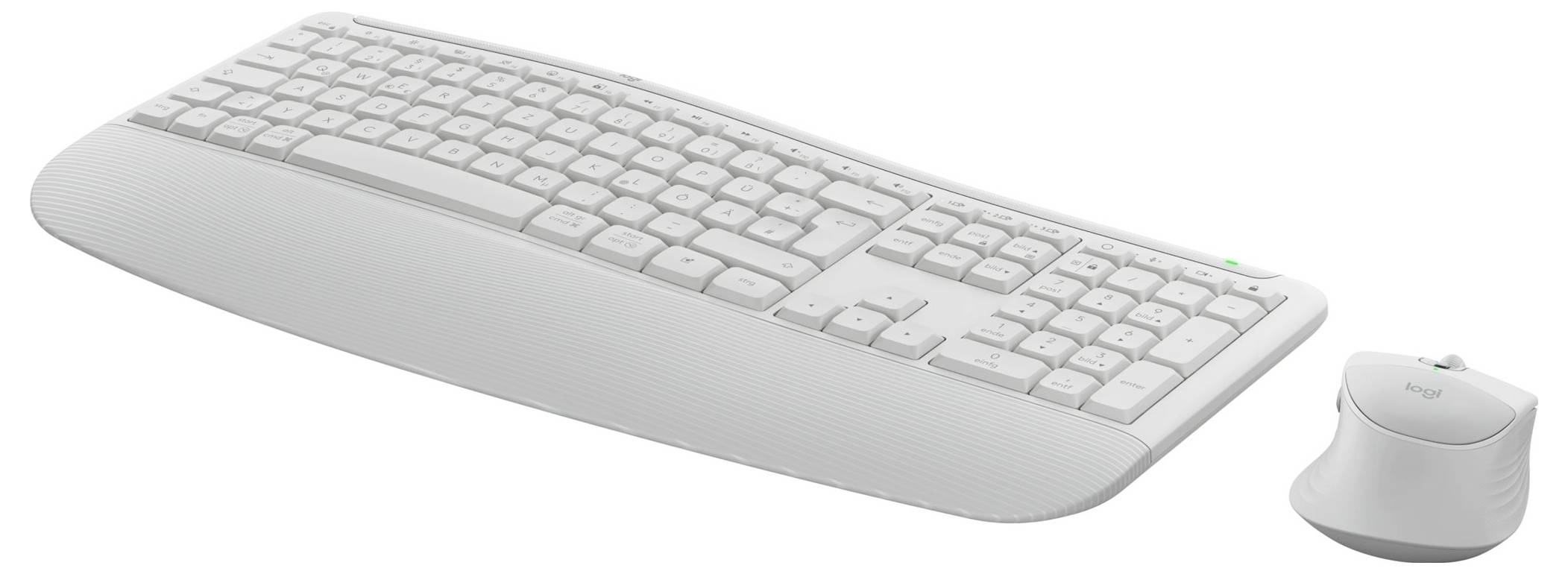 Ergonomische weiße kabellose Tastatur mit gekrümmtem Splitdesign und einer passenden Maus auf weißem Hintergrund.