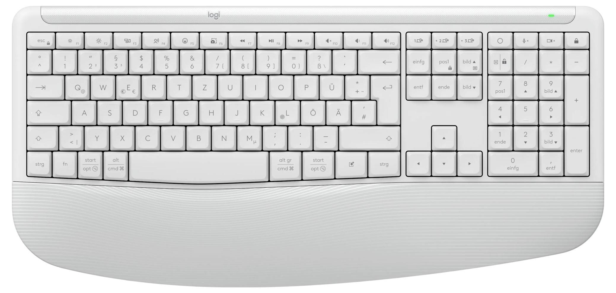 Weiße vollständige Logitech-Tastatur mit Kabel, Zahlenblock und flachen Tasten, Frontansicht auf weißem Hintergrund dargestellt.