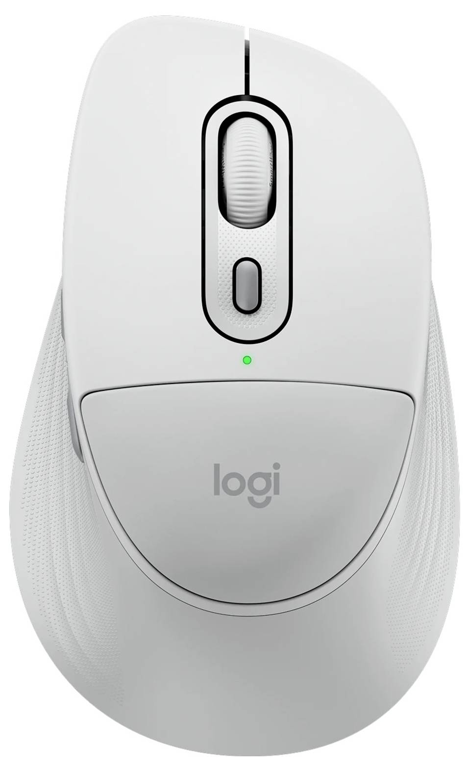 Weiße Logitech-Maus mit Scrollrad, zwei Tasten und grünem Statuslicht.