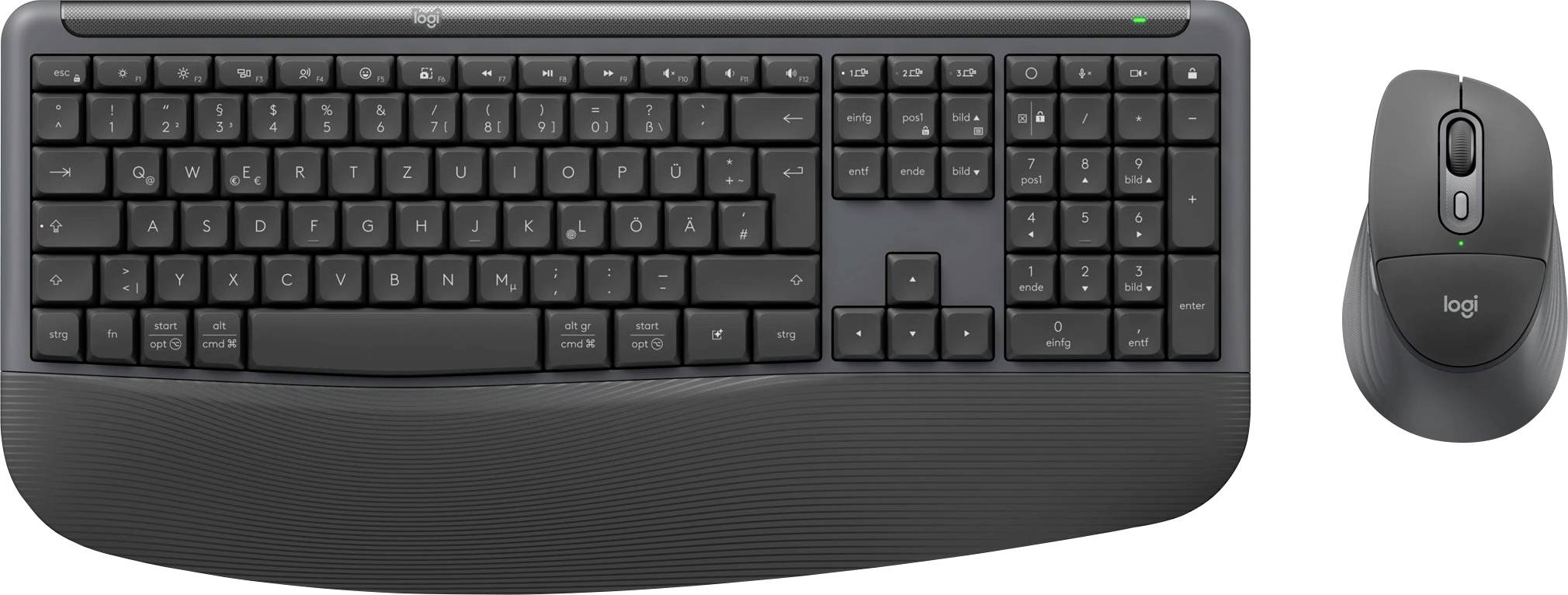Kabellose Logitech-Tastatur mit integrierter Handgelenkstütze und passendem Mauszeiger, dargestellt auf weißem Hintergrund.