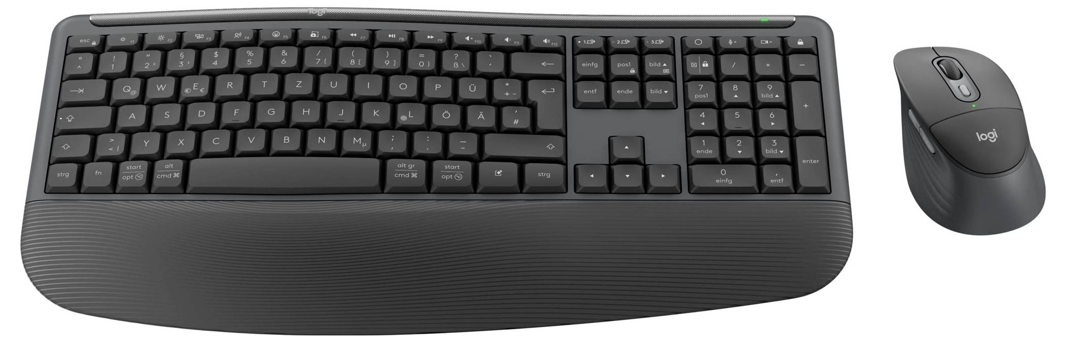 Drahtlose Tastatur mit großer integrierter Handgelenkstütze und zugehöriger ergonomischer Maus auf weißem Hintergrund.