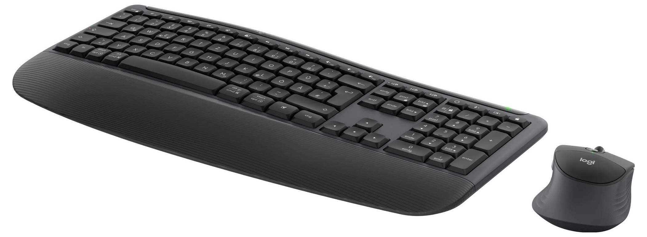 Schwarze ergonomische kabellose Tastatur mit separater Maus, auf einem schlichten weißen Hintergrund dargestellt.