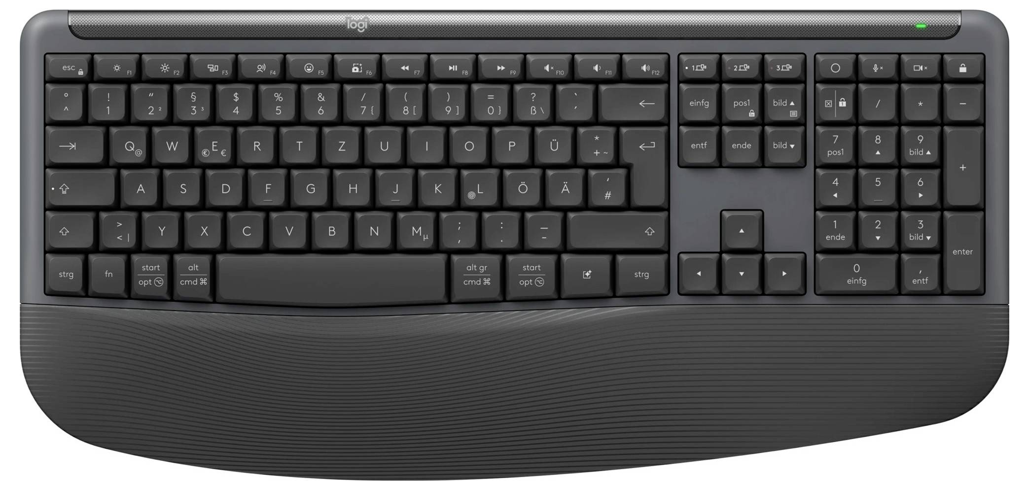 Schwarze vollgrößige ergonomische Tastatur mit gekrümmtem geteiltem Tastaturlayout, Ziffernblock und Handgelenkauflage.