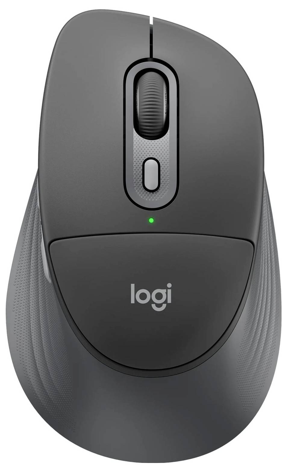 Vorderansicht einer grauen kabellosen Logitech-Computermaus mit Scrollrad, Taste und grünem Statuslicht.
