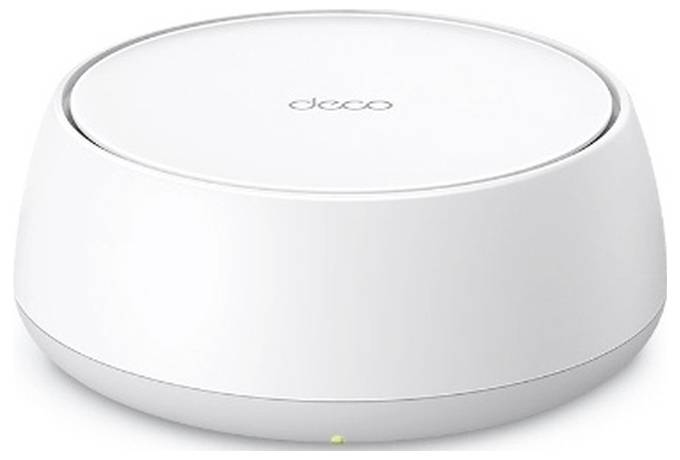 Weißer TP-Link Deco Mesh-WLAN-Router auf einfachem Hintergrund, mit dem Logo 