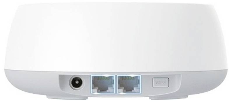 Rückansicht eines weißen kabellosen Routers mit Stromanschluss, zwei Ethernet-Anschlüssen und einer WPS-Taste.